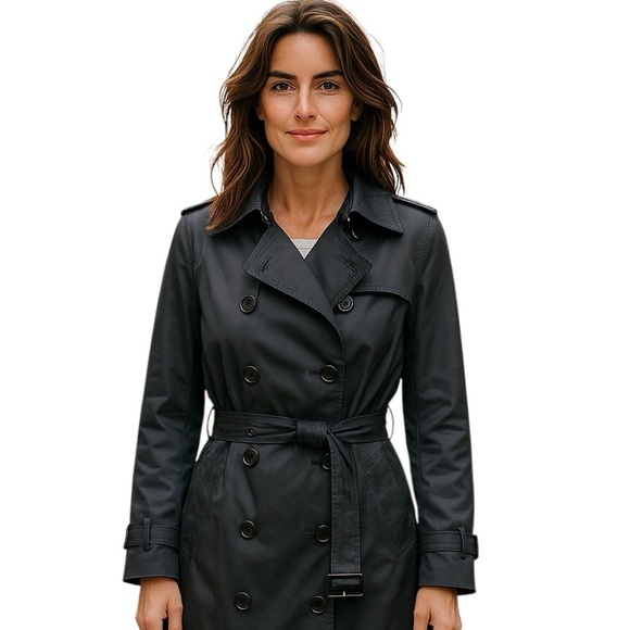 Burberry Brit Nylon Women’s Navy Double Breasted Trench Coat Size 14 Nova Check - Picture 4 of 6